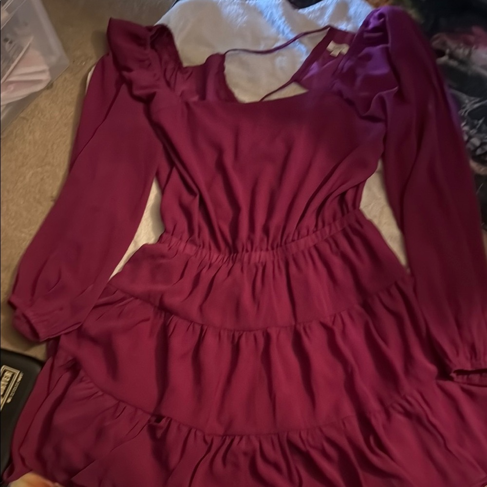 Purple Ruffled Tiered Midi Dress with Bishop Sleeves